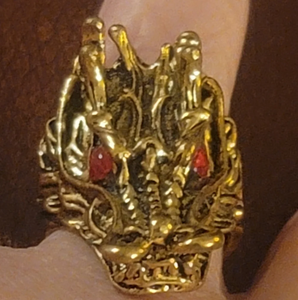 Gold Dragon Ring with Red Gemstone sz 10 unisex gothic viking gift